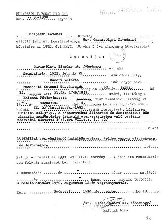 A Budapesti Katonai Brsg semmissgi igazolsa, 1990.